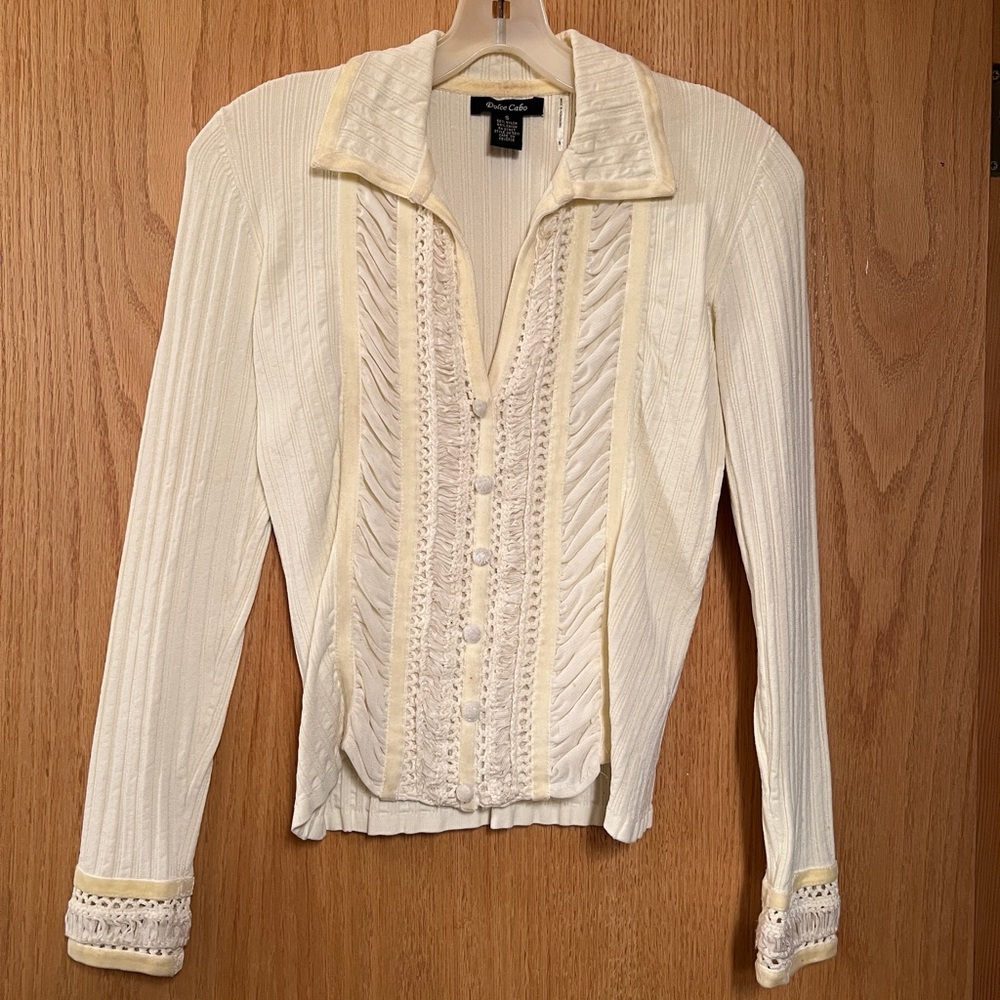Cream long sleeve top with faux button front